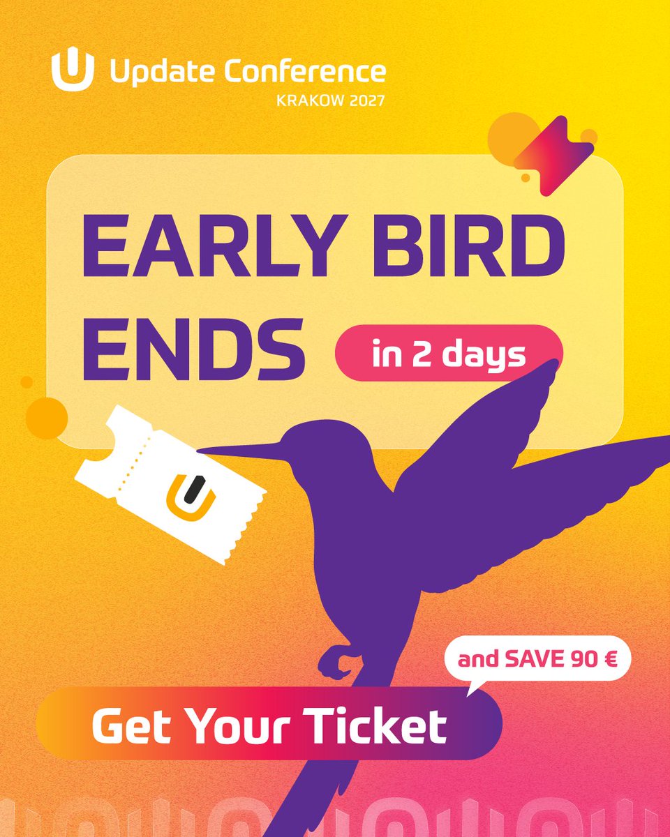 update_conf's tweet photo. Two conferences, two ticket tiers are changing soon.

The #UCK27 Early Bird price ends in 2 days. Get your Krakow ticket now and save €90:
https://t.co/rZOZQLwtFp

Joining us at #UCP26 too? Check the current Prague price:
https://t.co/prqlFK8HVZ https://t.co/9iTFezcSsF
