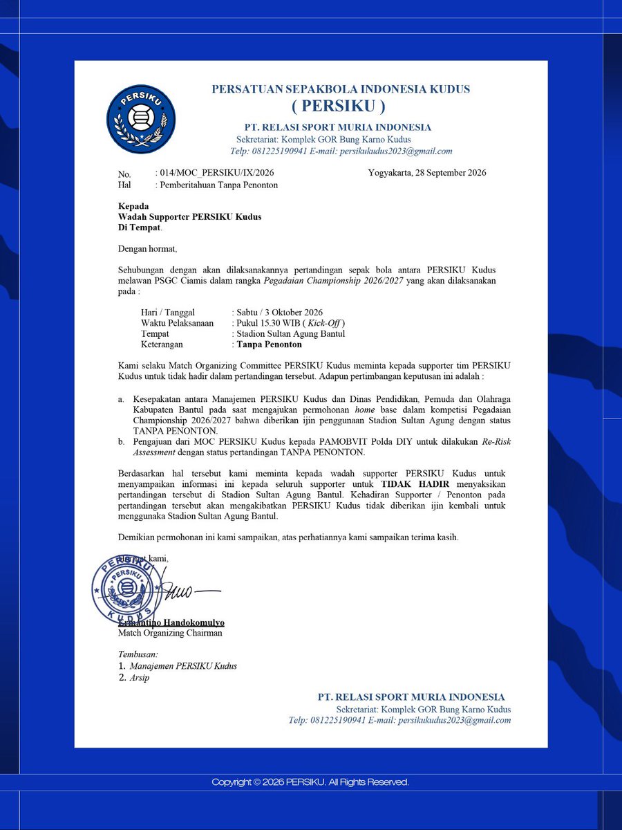 PersikuOfficial's tweet photo. Mari tetap berikan dukungan untuk Macan Muria melalui doa dan dukungan terbaik di mana pun berada.

Terima kasih atas pengertian dan kerja sama seluruh pihak.

#PersikuKudus
#COYMT https://t.co/mrAbdTrNXQ