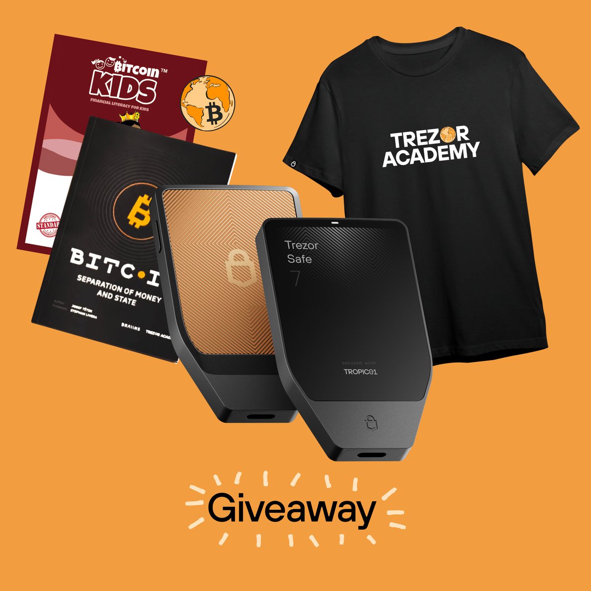 Trezor's tweet photo. 🎁 GIVEAWAY 🎁

Win a Trezor Safe 7 Bitcoin-only Edition + Trezor Academy T-shirt + 2 Bitcoin books.

To enter:
1️⃣ Follow @Trezor &amp; @TrezorAcademy
2️⃣ Like &amp; RT
3️⃣ Tag a friend

Good luck! https://t.co/RJ7v8jQhOl