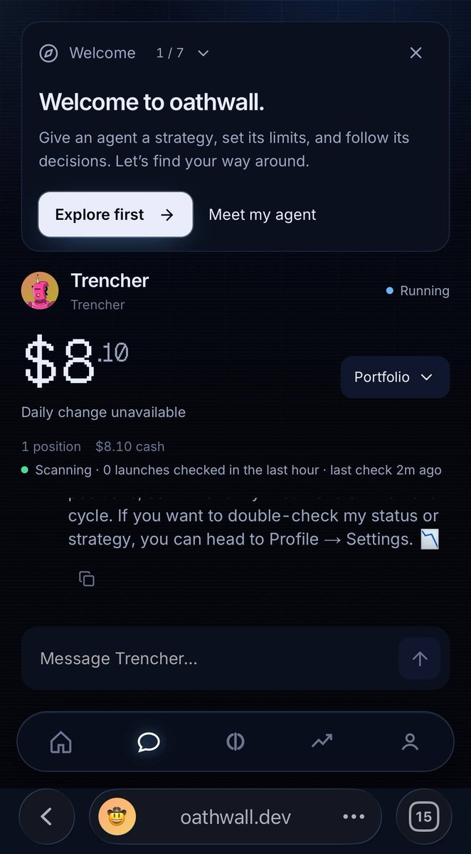 Oatwallbsc's tweet photo. We gave an agent $8, a strategy, and a cage it can't escape.

It scanned hundreds of launches, picked its own trades, explained every pass, and returned +66.8%.

No access to your keys. No ability to exceed its caps. Just results inside a wall.

https://t.co/Fs6EoPPjJC https://t.co/g89OA9V78O
