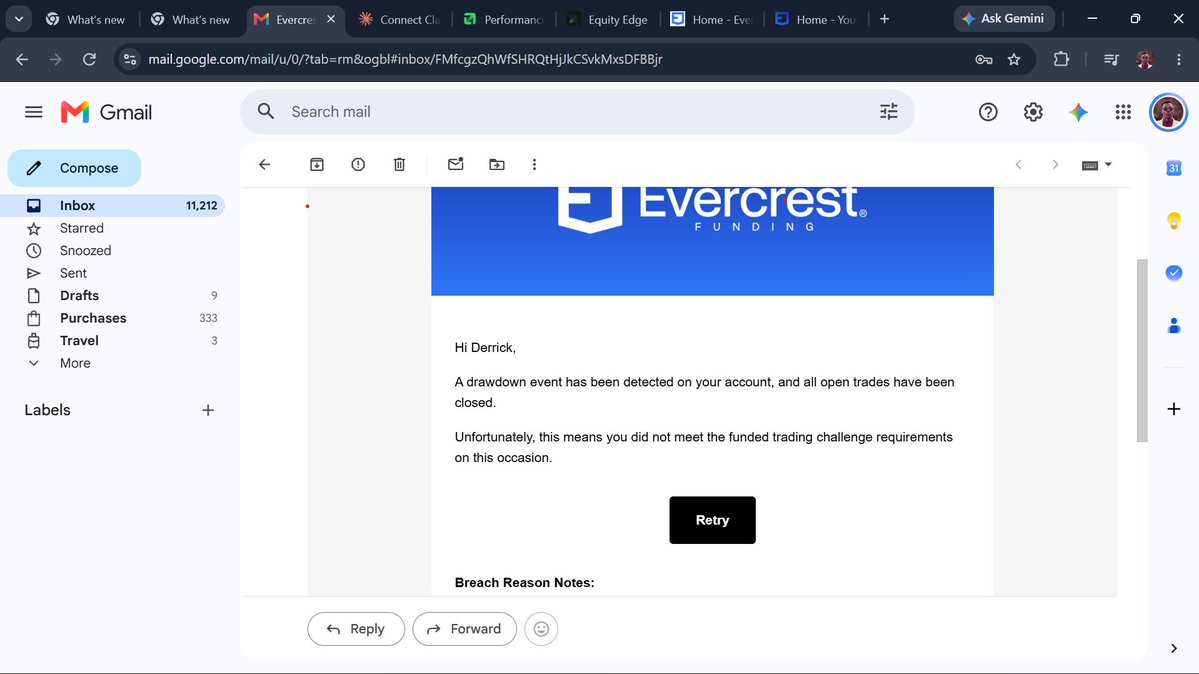 derrick_bett's tweet photo. Rough two days.

Blew my P2 $25K Evercrest account yesterday and tilted badly on my $50K EquityEdge account today.

The loss hurts, but breaking my own rules hurts more.

No revenge. No chasing. Time to step back, reset, and rebuild. 🧠📈
#TradingJourney #tradezella #propfirm https://t.co/DIB2zZLbr0