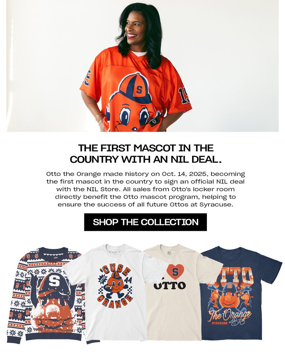 CuseNILStore's tweet photo. Otto’s got a new look. 🍊

Shop the new Otto the Orange Collection featuring exclusive tees and crewnecks celebrating the first mascot in the country with an NIL deal.
Get yours now — link in bio! 🧡💙

#ottotheorange #syracuse #NIL https://t.co/FUjE10St3C