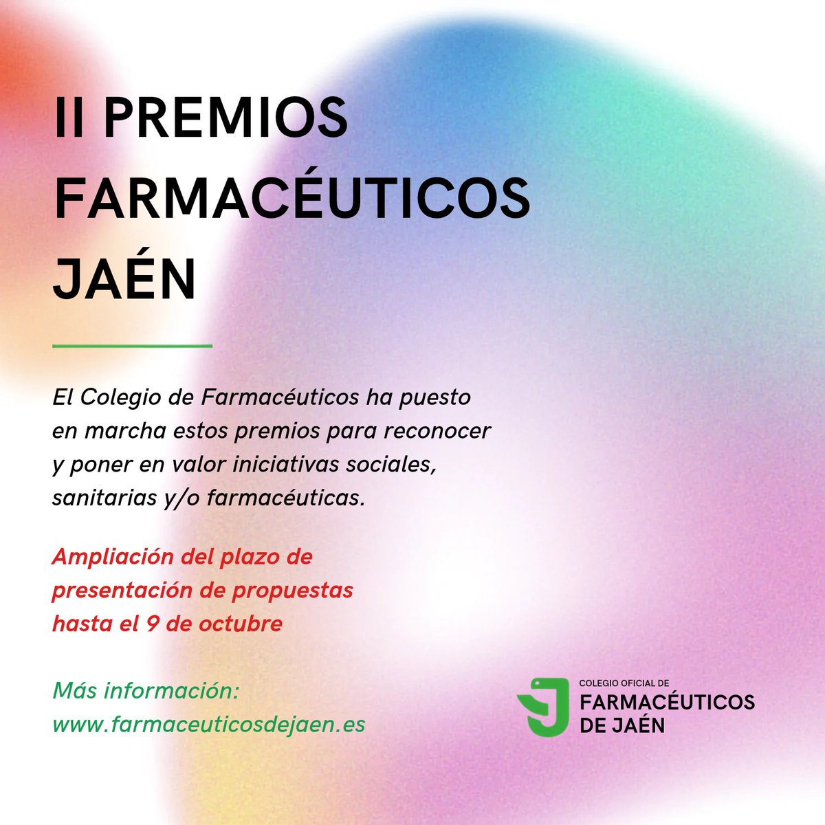 COFJaen's tweet photo. 🎖 Aún estás a tiempo de participar en los 𝐈𝐈 𝐏𝐫𝐞𝐦𝐢𝐨𝐬 𝐅𝐚𝐫𝐦𝐚𝐜𝐞́𝐮𝐭𝐢𝐜𝐨𝐬 𝐉𝐚𝐞́𝐧

‼️ Ampliamos el plazo de presentación de propuestas hasta el 9 de octubre

😁 ¡Participa!

Más info ⤵️
https://t.co/VpCP1U6cdO

#farmacéuticosjaén #Premios #InicitivaSolidaria https://t.co/M7mZB6fYmq
