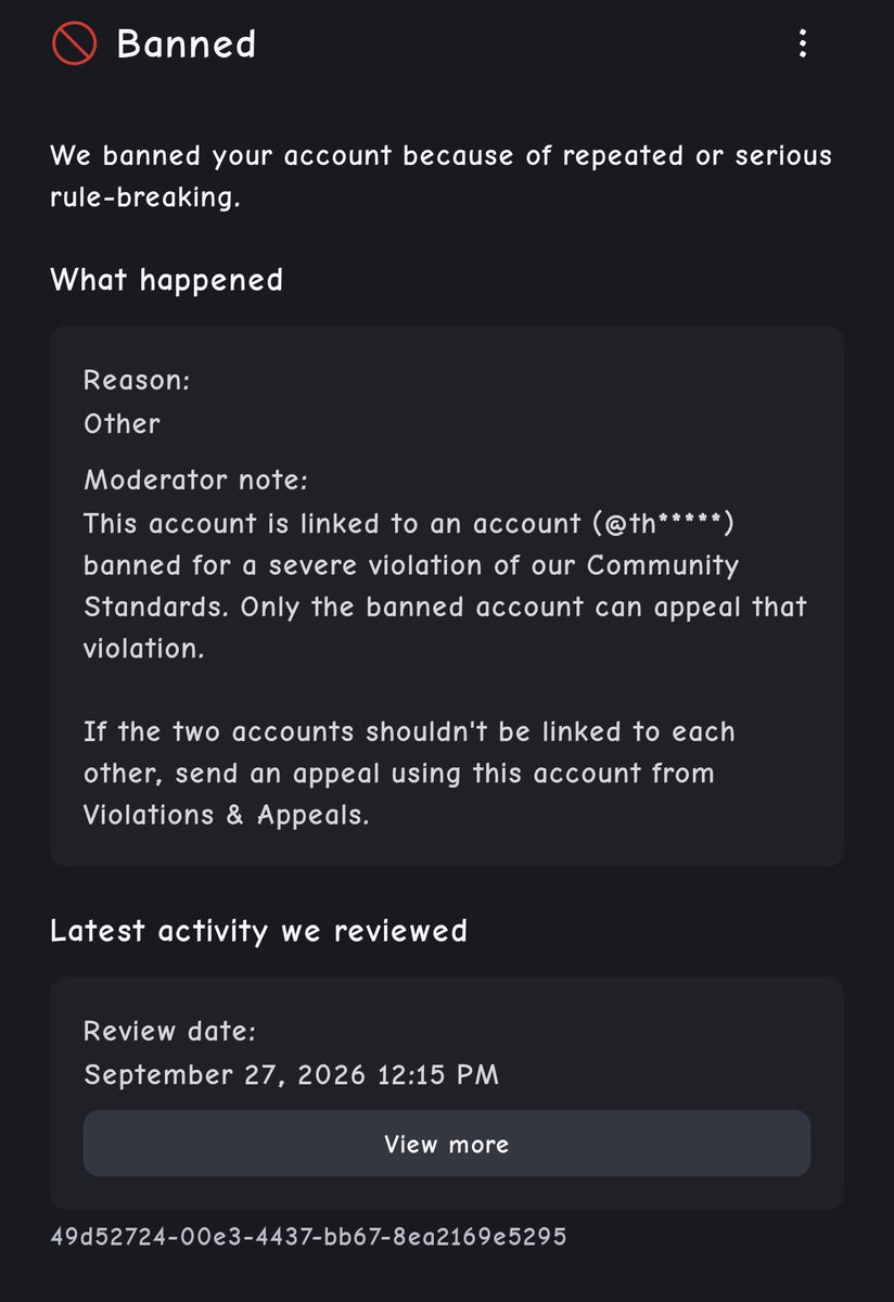 SZEEEROOO's tweet photo. @Roblox 10 years down the drain. My account from 2017 was hit with a ban because apparently I was linked to 2 random accounts that broke TOS??

Literally what can i do about this since most of the time when i appeal its the same ai rejections. Literally on a timer right now. https://t.co/UK9ALZ8HQe