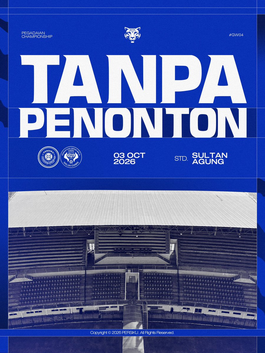 PersikuOfficial's tweet photo. TANPA PENOTON

Persiku Kudus vs PSGC Ciamis yang akan berlangsung pada Sabtu, 3 Oktober 2026, pukul 15.30 WIB di Stadion Sultan Agung Bantul, akan digelar tanpa kehadiran penonton. https://t.co/UMNY2IUv2x