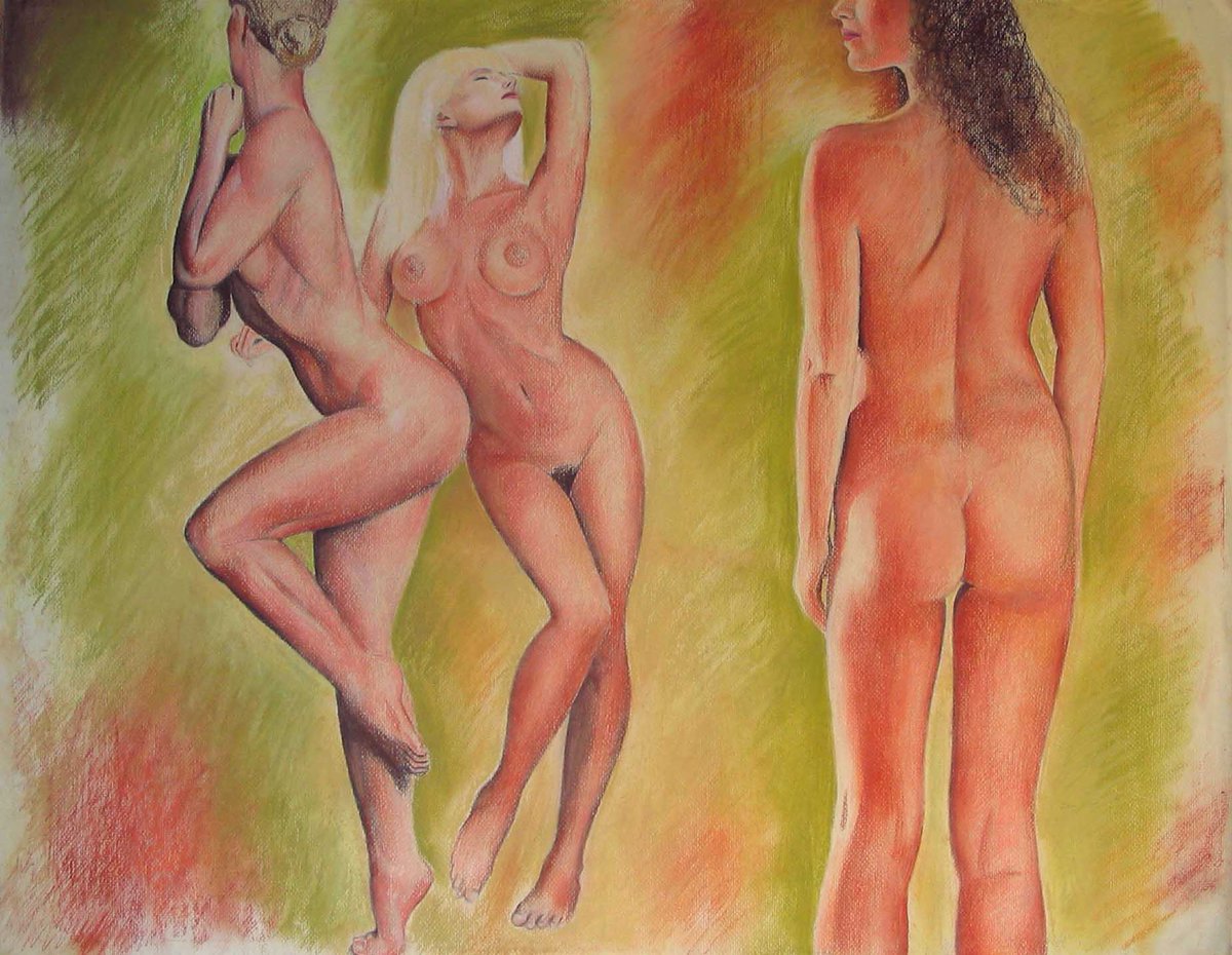 alexlinkovactra's tweet photo. "The Divine Form in Three Lights"   
original soft pastel painting on paper    
    Pastoral innocence and sensuality held in three viewpoints—motion, invitation, and withdrawal. A meditation on the classical belief that the human body, seen fully and without shame, reflects the Gods.