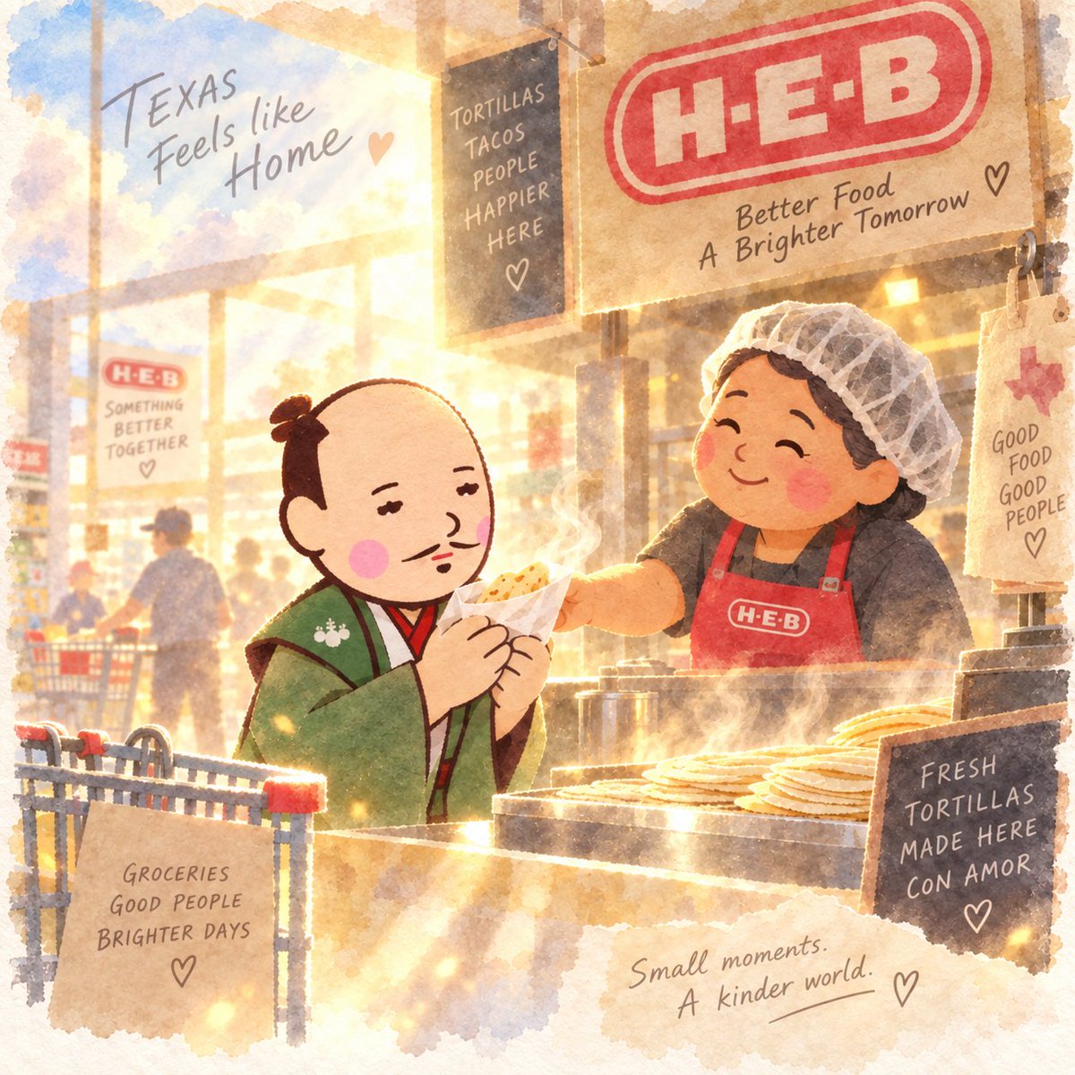 japan_nobunaga's tweet photo. I have never been addicted to anything.

I want that on the record before I tell you about H-E-B.

It started at the tortilla counter. A woman in a hairnet looked at me through the steam the way a lighthouse keeper looks at a ship that is clearly about to hit the rocks.

"You want one, mijo? Just came off."

She handed it over in wax paper. It was hot. Not warm. Hot like it had been alive four seconds ago and still had opinions.

I bit it.

Somewhere deep inside me, a small boy who had never been hugged enough sat down on the floor and began to weep.

"Good, huh?" she said, already wiping the counter, as if she had not just rearranged the architecture of my soul.

"...Are there butter ones," I whispered.

She didn't answer. She just smiled, slowly, like a woman who has watched ten thousand men walk up to this counter as strangers and leave as believers.

That was March.

I now know the tortilleria schedule better than my own mother's birthday. My freezer, which once held only ice and regret, now holds forty-eight tortillas. A man in the cereal aisle once leaned over and muttered, "Freeze half," and I nodded like we had been in a war together.

Yesterday she saw me coming from the bakery and had one waiting before I reached the counter.

"There he is."

I have never been addicted to anything.

I just go to H-E-B every day now, because somebody there is expecting me.