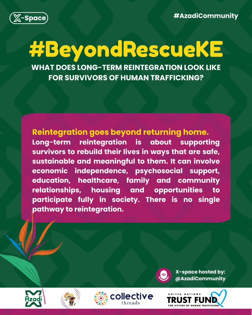 BrendaAwuor113's tweet photo. Survivors need sustained support, access to opportunities, safe communities, and the freedom to shape their own future, true  reintegration is about rebuilding lives not simply returning to the past. @unvtf_tip
@AzadiCommunity
#BeyondRescueKe
#AzadiCommunity https://t.co/owkLSogDsw