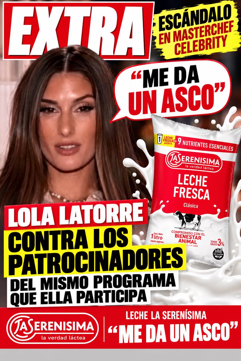 PeteFeInforma's tweet photo. 🔥 LAS REDES ARDEN CONTRA LOLA LATORRE

Lola Latorre debutó en el React de MasterChef Celebrity y las redes no le dejaron pasar un detalle: mientras Cachete Sierra tomaba leche, ella lanzó dos veces un “me da un asco”.

¿El problema? @laserenisima está vinculada comercialmente al programa en el que ella misma participa.

Y ahí explotó la polémica. No se discute si a Lola le gusta o no la leche; se cuestiona la falta de criterio profesional al despreciar frente a cámara un producto asociado a quienes ponen dinero en el programa.

Las marcas pagan por exposición y asociación positiva. No para terminar protagonizando un “me da un asco” en el mismo contenido que patrocinan.

🔥 Las redes arden y la pregunta es inevitable: ¿qué pensarán en La Serenísima?