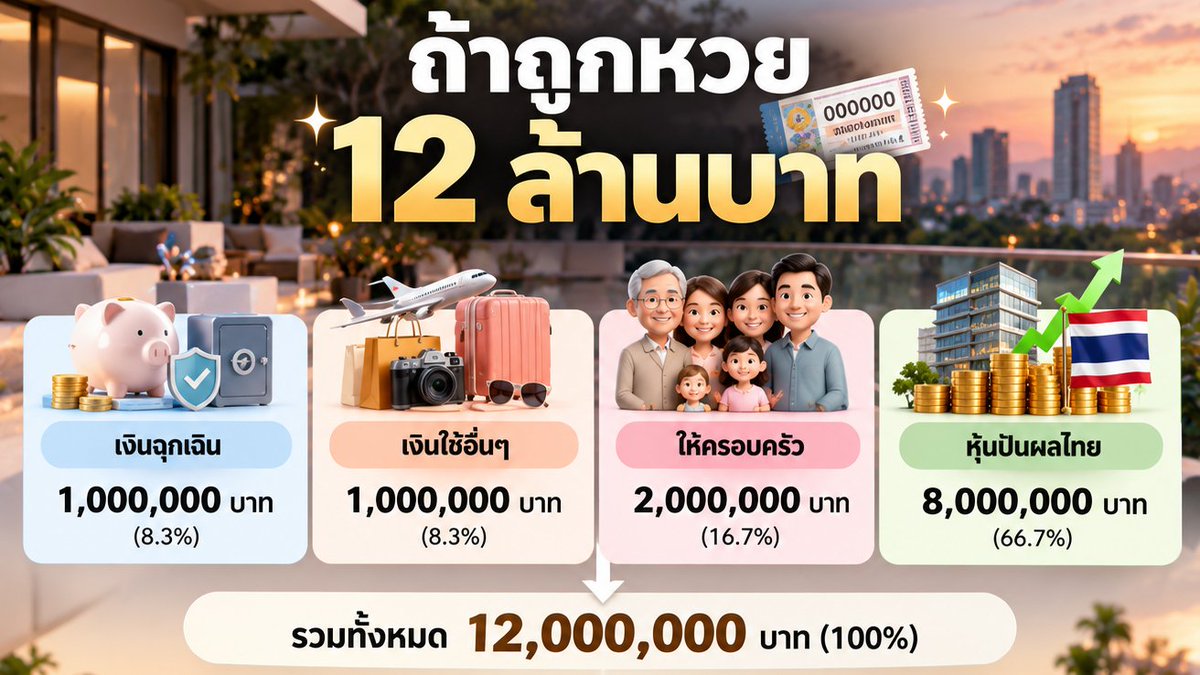 jadejoodfire's tweet photo. อยากจดไว้ เผื่อได้ใช้จริง
ถ้าฉันถูกหวยรางวัล 12 ล้าน
จะเอาไปทำอะไรบ้างดีนะ? (ปกติซื้อ 2 ใบ)

🛡️ เงินฉุกเฉิน 1M
🎯 เงินใช้อื่นๆ 1M
👨‍👩‍👧‍👦 ให้ครอบครัว 2M
🏦 หุ้นปันผลไทย 8M (yield 6-8%)
อยากได้เฉลี่ย 40-50k ต่อเดือน

ยังไม่อยากซื้อบ้าน ซื้อรถ
วางแผนเเล้ว เหลือแค่ถูกหวย55 https://t.co/Gq756Vdrqv
