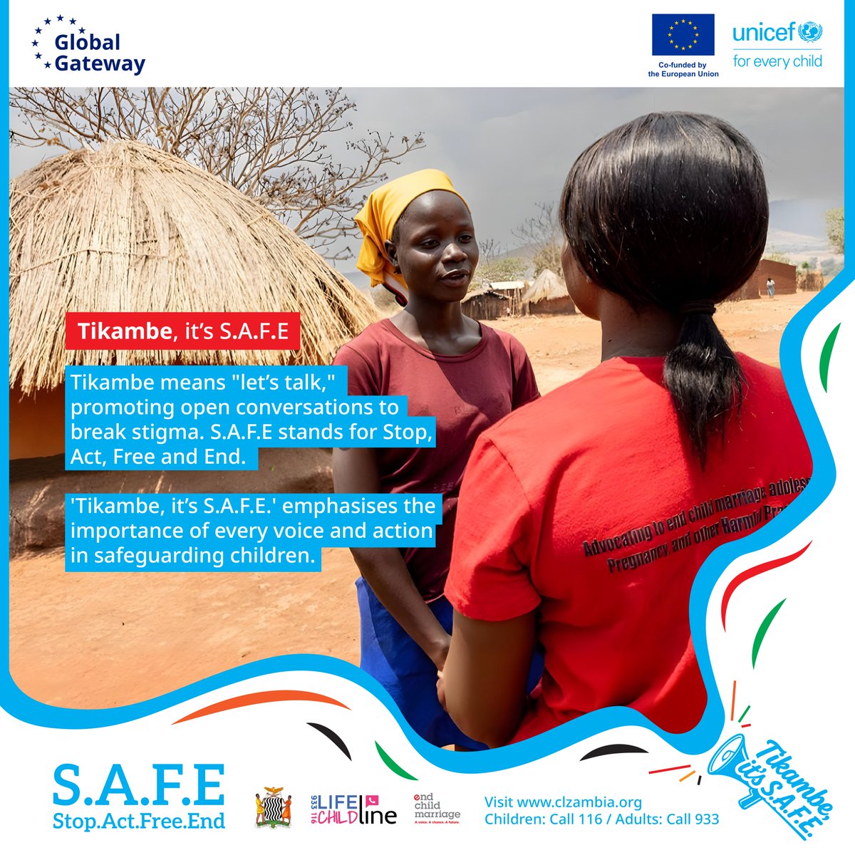 unicefzambia's tweet photo. 📢 Tikambe, It’s S.A.F.E is a call to end adolescent pregnancy, SGBV, and child marriage while promoting good mental health in Zambia 🇿🇲.

We all have a part to play. Tiye tikambe!

📞 Report abuse: 116 or 933🌐 https://t.co/q5onbvng9H
#Tikambe #StopSGBV #MentalHealth #Zambia https://t.co/pFjX8Ohe8a