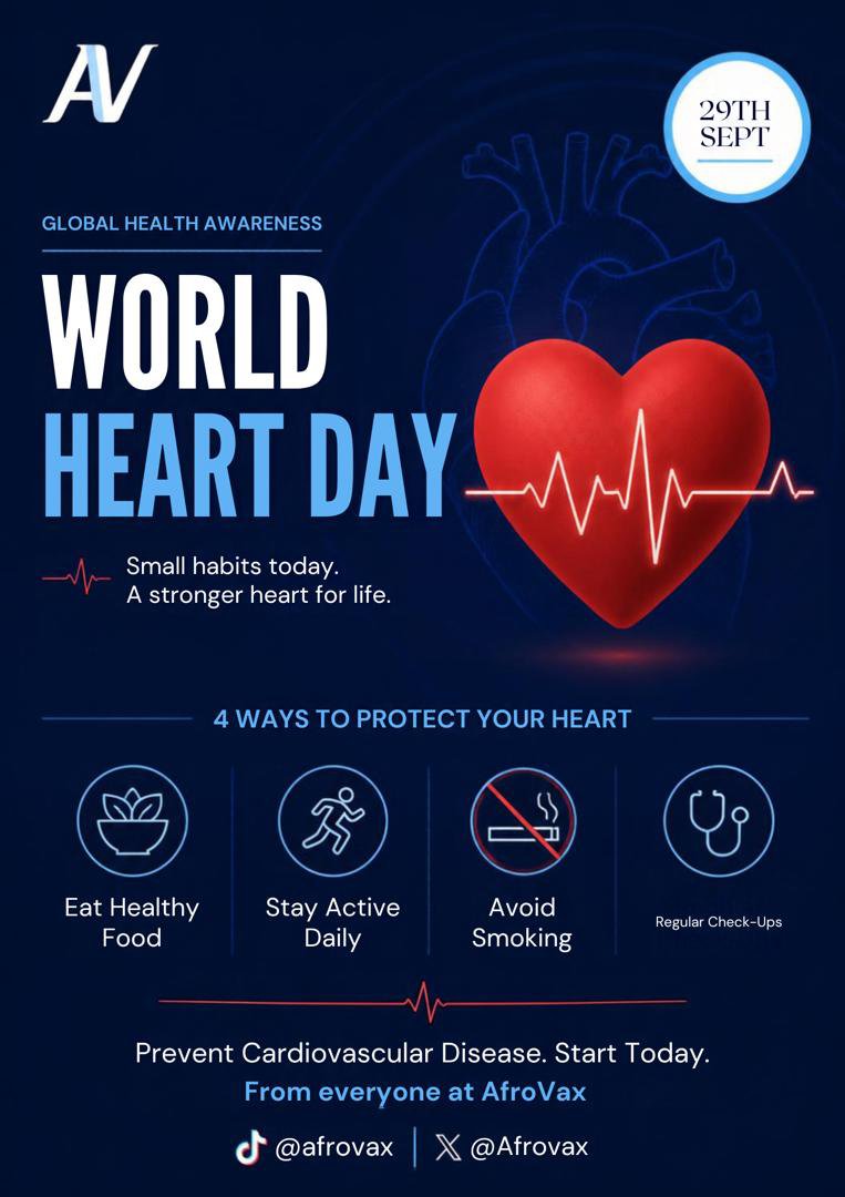 Afrovax's tweet photo. Every heartbeat matters. 🫀💙

This World Heart Day, AfroVax joins the global community in promoting heart health and healthy living.

Eat well. Stay active. Avoid smoking. Get regular check-ups.

A stronger heart for life.

#WorldHeartDay #AfroVax #HeartHealth https://t.co/zvdZDM4a1d