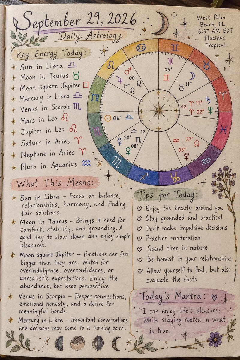 RolaEssence's tweet photo. 🌙 Sept. 29 Astrology:

☀️ Sun in Libra
🌙 Moon in Taurus
□ Moon square Jupiter

Emotions, cravings &amp; expectations may feel bigger today. Enjoy life’s pleasures, but stay grounded and check the facts before reacting.

#Astrology #TaurusMoon #LibraSeason https://t.co/55rhyWNblM