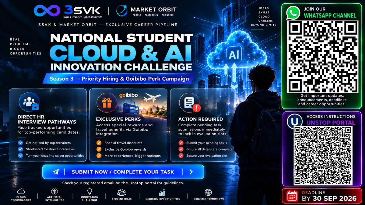 3SVKOfficial's tweet photo. 🚨 FINAL CALL: National Student Cloud &amp; AI Innovation Challenge (Season 3)

Deadline is tomorrow, Sept 30, 2026. Complete your submissions now!

🔗 Submit: https://t.co/TBS67p6X6X

#3SVK #MarketOrbit #CloudAndAI #Unstop https://t.co/zH68FDs7x3