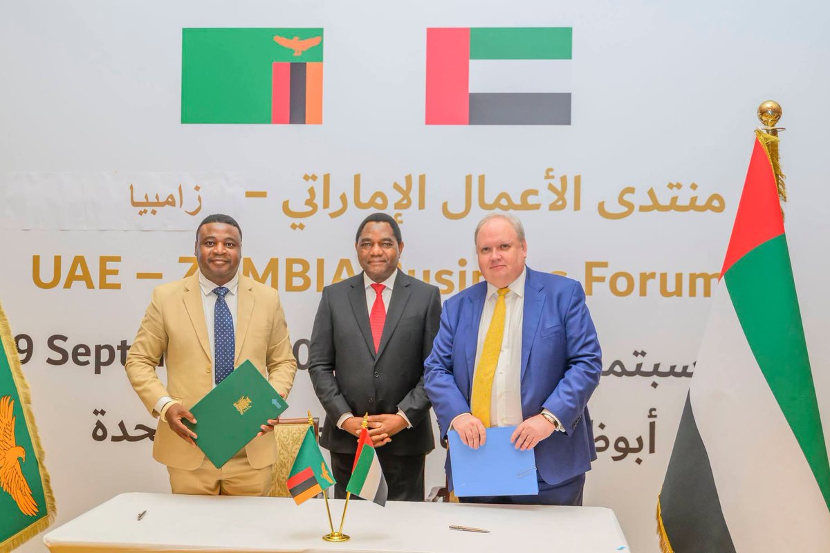 ZambiaMFAIC's tweet photo. This morning, President @HHichilema attended the #Zambia–  #UAE  Business Forum in Abu Dhabi &amp; witnessed the signing of MoU across various sectors, worth a total of USD 2.14 billion

Read more..

https://t.co/FLRNlft8Y9

#ZambiaUAERelations
#GrowZambiaAgenda https://t.co/DfweDFZ9NH