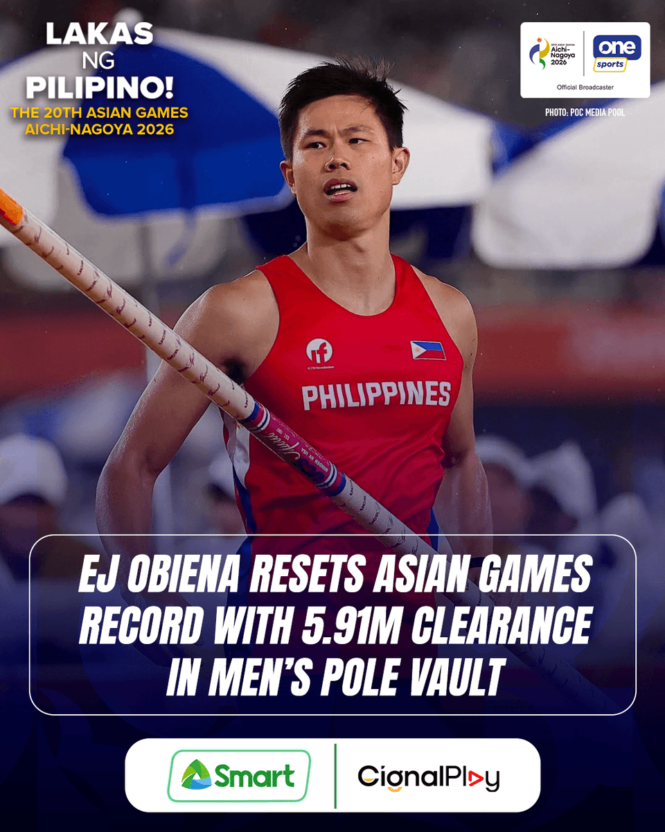 OneSportsPHL's tweet photo. RECORD-BREAKING GOLD 🇵🇭🥇🔥

EJ Obiena rises to the occasion and resets his own Asian Games record with a clean 5.91m clearance in the men’s pole vault final. He was already assured the gold with his clearance of 5.75m to successfully defend his throne at Aichi-Nagoya 2026.

Cignal is the official broadcaster of the 20th Asian Games Aichi-Nagoya 2026.

📺 Catch all the Asian Games action on Cignal Play, the One Sports YouTube channel, and other Cignal platforms from September 10 to October 4. 🇵🇭🔥

#AichiNagoya2026 #20thAsianGames #LakasNgPilipino