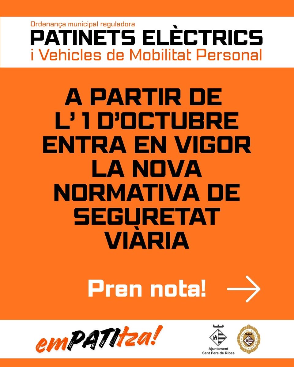 santperederibes's tweet photo. 🛴ATENCIÓ⚠️ | L'1 d’octubre entra en vigor la modificació del Reglament General de Circulació de la DGT per a patinets elèctrics (VMP), que actualitza l’ordenança de #SPRibes. Novetats:
➡️ Edat: +15 anys
💡 Llum encesa SEMPRE (nit i dia)
🦺 Armilla reflectant de nit
#emPATItza https://t.co/0xFQAmBxCL