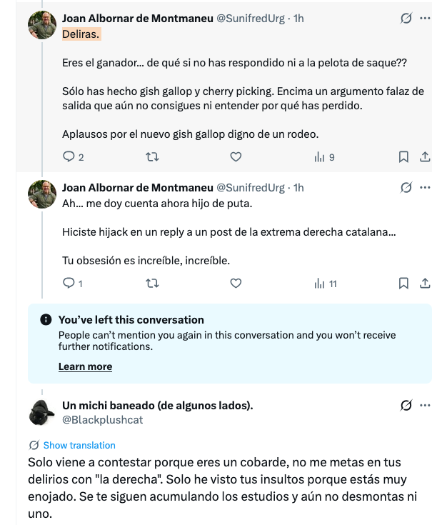 SunifredUrg's tweet photo. @Blackplushcat @flickopter @105kill @jordiamelabcn Oh, tuquoque. Le muestras que delira. Te dices que delira.

Le muestras que está obsesionado... en 2 tweets  dirá que estoy yo obsesionado.

Luego "ganará" el debate por bloqueo y se hará una pajilla y a dormir.

Menudo gilipollas. https://t.co/6mlMsRPWC7