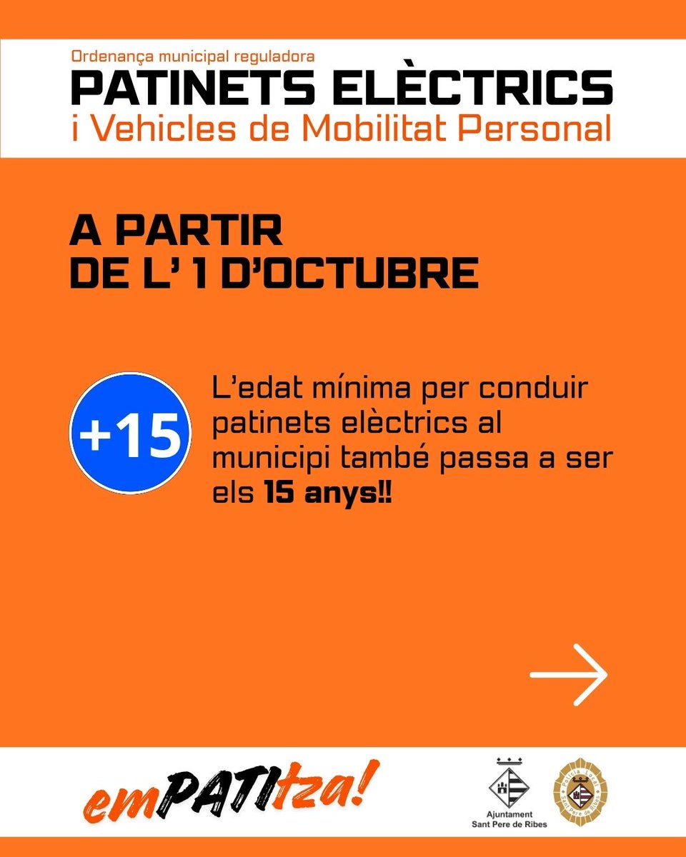 santperederibes's tweet photo. 🛴ATENCIÓ⚠️ | L'1 d’octubre entra en vigor la modificació del Reglament General de Circulació de la DGT per a patinets elèctrics (VMP), que actualitza l’ordenança de #SPRibes. Novetats:
➡️ Edat: +15 anys
💡 Llum encesa SEMPRE (nit i dia)
🦺 Armilla reflectant de nit
#emPATItza https://t.co/0xFQAmBxCL