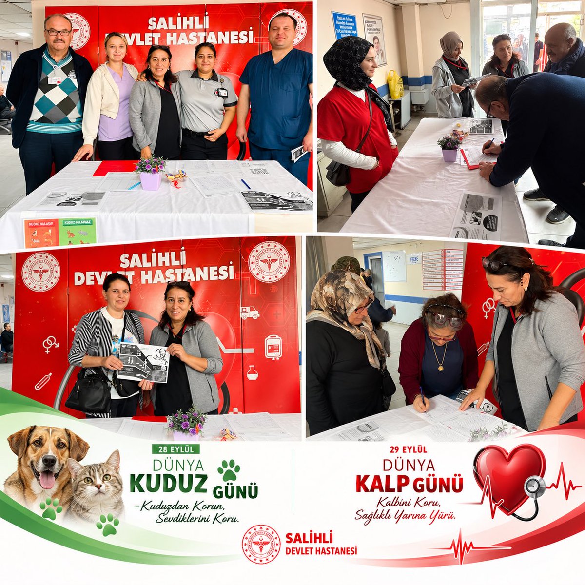 SalihliDevlet's tweet photo. 28 Eylül Dünya Kuduz Günü ve 29 Eylül Dünya Kalp Günü kapsamında hastanemizde farkındalık standı açıldı.
Standımızda vatandaşlarımıza kuduzdan korunma, doğru ve zamanında müdahalenin önemi ile kalp sağlığının korunması konularında bilgilendirmelerde bulunuldu. https://t.co/rHjwDdtWLe