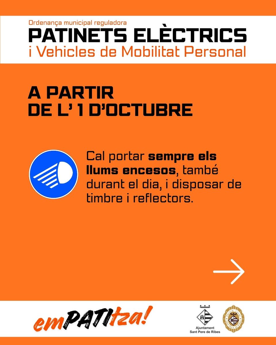santperederibes's tweet photo. 🛴ATENCIÓ⚠️ | L'1 d’octubre entra en vigor la modificació del Reglament General de Circulació de la DGT per a patinets elèctrics (VMP), que actualitza l’ordenança de #SPRibes. Novetats:
➡️ Edat: +15 anys
💡 Llum encesa SEMPRE (nit i dia)
🦺 Armilla reflectant de nit
#emPATItza https://t.co/0xFQAmBxCL