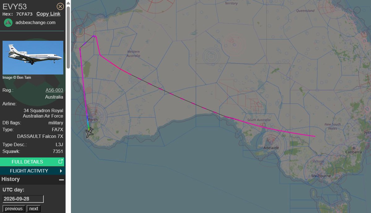 raaf_vip's tweet photo. Training flight yesterday, likely also doing air-work around Exmouth.

Dassault Falcon 7X // A56-003 // Envoy 53

Route: Canberra (CBR) - Busselton (BQB)
🛫: 23:19 UTC on 27/09/2026 (28/09/2026 AEST)
🛬: 07:26 UTC on 28/09/2026

#RAAF #AusAirForce #A56003 #Busselton https://t.co/hG1nLOaCZm