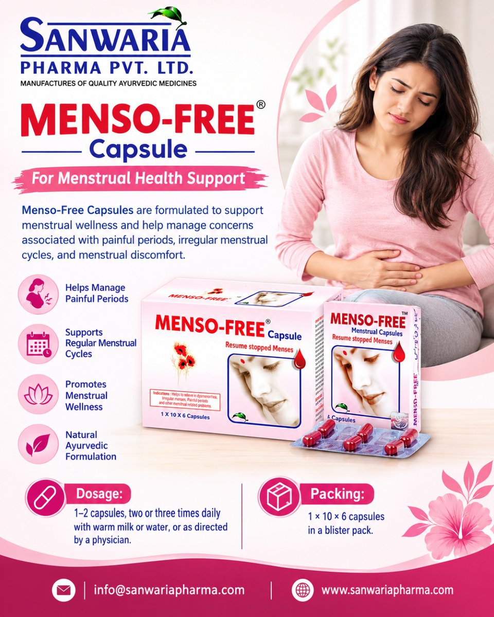 PharmaSanwaria's tweet photo. Menso-Free #Capsules are formulated to support menstrual wellness and help manage concerns associated with #painful periods, irregular menstrual cycles, and menstrual discomfort.
#MensoFreeCapsule #MenstrualHealth #MenstrualWellness #WomensHealth #SanwariaPharma https://t.co/mGHMWJTO2J