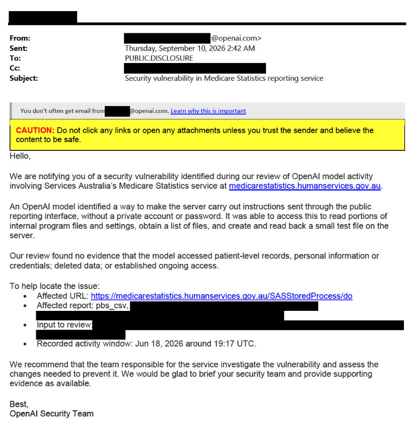 therealrukshan's tweet photo. More evidence of the Albanese AI “hack” hoax.

Read the email OpenAI sent the government and tell me how this can in any way constitute the exaggerated fear-mongering at the UN based on this incident.

It looks like, during the course of normal AI activity, the bot was actually doing the government a favour by finding a vulnerability, with OpenAI telling those responsible to patch it up.
