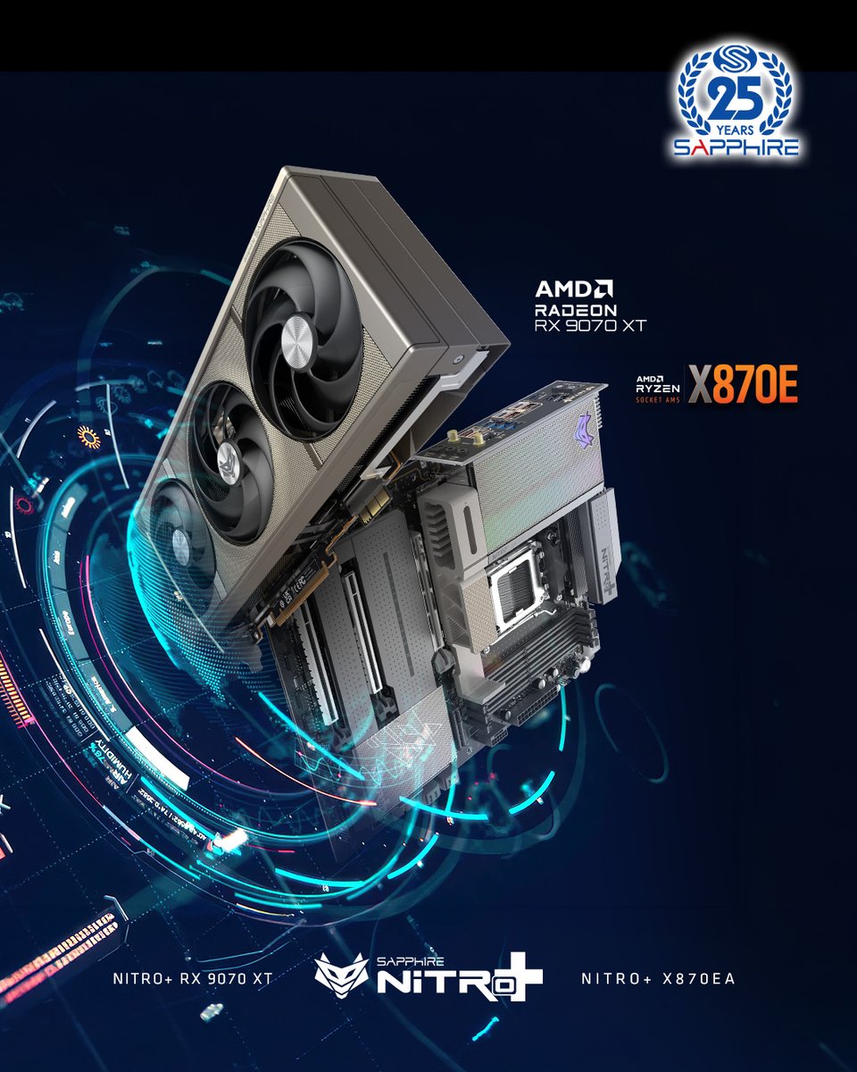 SapphireTech's tweet photo. Don’t miss out on our 25th Anniversary Giveaway! Enter now for the chance to win our SAPPHIRE NITRO+ PhantomLink pairing of X870EA motherboard &amp; RX 9070 XT, and an AMD CPU &amp; NACON Headset!

Giveaway Details: https://t.co/a1bHbNWN6l
.
.
#milestone #giveaway #SAPPHIRETech #gaming https://t.co/IfeU6PYwNG