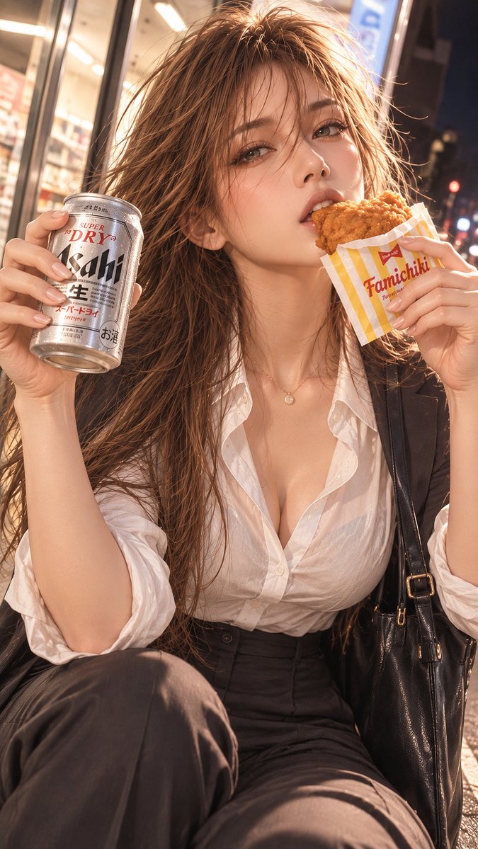 wahuugasuki's tweet photo. 新発売の
ファミチキのスモーキーペッパー味
うまいぞ！
ビールに合う、君も食うか？

#AI美女 #AIart https://t.co/Wt3BHjcx07