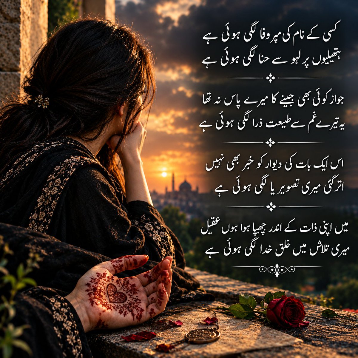 Ikzoneworld71's tweet photo. کسی کے نام کی مہرِ وفا لگی ہوئی ہے
ہتھیلیوں پر لہو سے حِنا لگی ہوئی ہے
جواز کوئی بھی جینے کا میرے پاس نہ تھا
یہ تیرے غم سے طبیعت ذرا لگی ہوئی ہے
اس ایک بات کی دیوار کو خبر بھی نہیں
اتر گئی میری تصویر یا لگی ہوئی ہے
میں اپنی ذات کے اندر چھپا ہوا ہوں عقیل
میری تلاش میں خلقِ خدا لگی ہوئی ہے
#شاعری  
#اردوادب   
#دل_کی_بات 
#TDR__now