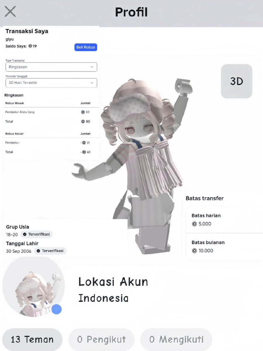 rovtta's tweet photo. wts acc roblox famele ִ ࣪✮🕷

𒁍 limit 5kr/d, 10kr/m
𒁍 age 18-20, bisa langsung send robux (can reset)
𒁍 hold dari tanggal 28 sep
𒁍 datver emailku, bisa ce
𒁍 region indonesia
𒁍 price :: 35.000
𒁍 mic on

#zonauang wtc wtb acc roblox https://t.co/HTqEc47cJ3