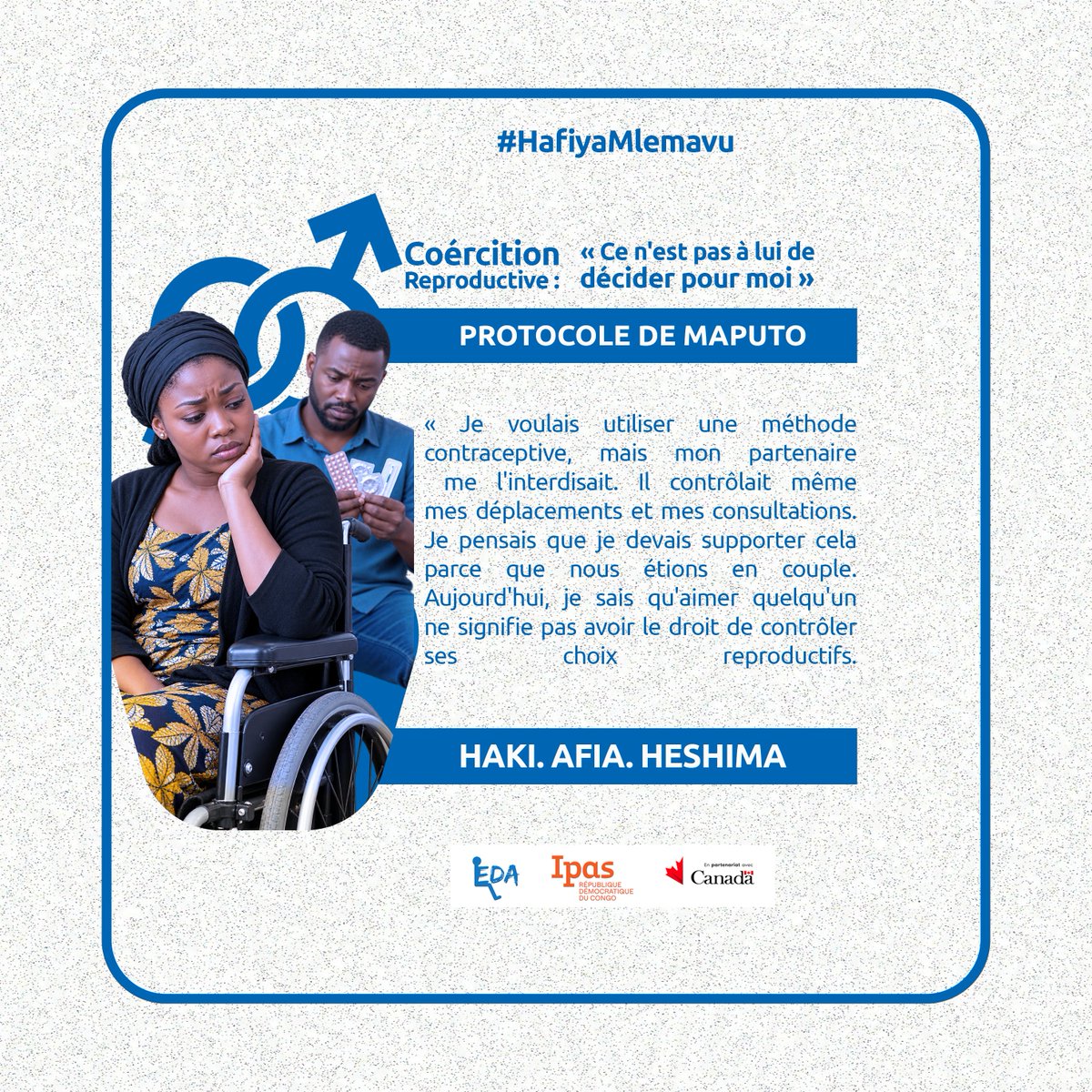 MoniqueMpabuka's tweet photo. #HafiyaMlemavu
Être en couple ne donne à personne le droit de décider à notre place.
Chacun doit pouvoir choisir librement sa contraception,ses soins et les décisions concernant sa santé reproductive.
#EnableThechange @enable_rdc @MakokiYaMwasi @Mulunda_JC @GAC_Corporate https://t.co/DbIsDoGBXd