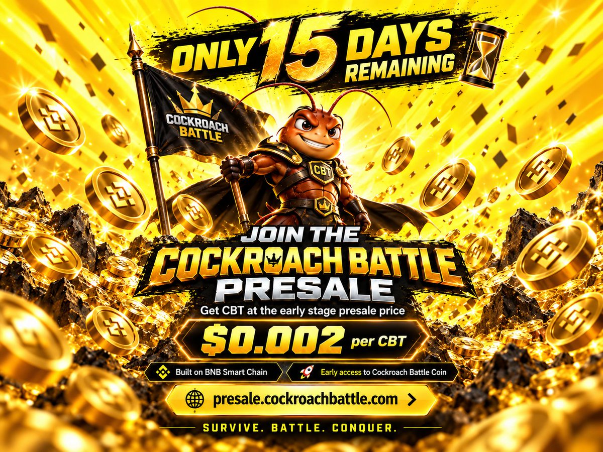 cockroachbattle's tweet photo. 🚨 ONLY 15 DAYS REMAINING!
Join the Cockroach Battle Presale and get CBT at the current early-stage presale price.
💰 $0.002 per CBT
🌐 Built on BNB Smart Chain
🪳 Early access to the Cockroach Battle ecosystem
👉 https://t.co/sAwNS5rGRp
SURVIVE. BATTLE. CONQUER.
⚠️ Crypto assets involve risk. Prices can rise or fall, and returns are not guaranteed.
#CockroachBattle #CBT #CryptoPresale #BNBChain #GameFi