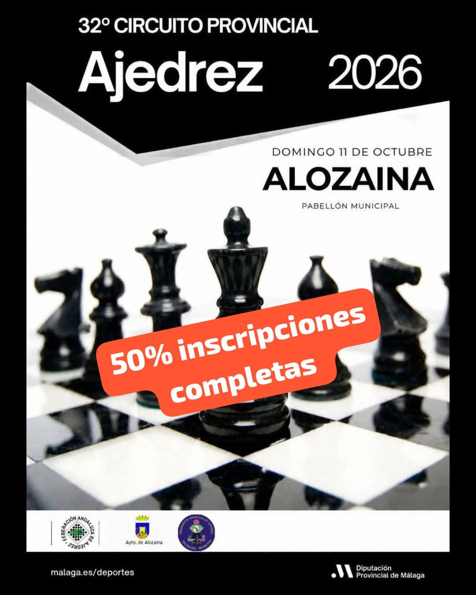 aytoalozaina's tweet photo. 📢♟ Recordatorio: ¡VI Torneo de Ajedrez “Villa de Alozaina”! 🏆✨
📅 Domingo 11 de octubre
⏰ 10:00 h
📍 Pabellón Municipal
🏆 Plazas limitadas: 100
🔗 Bases e inscripciones: https://t.co/lZWG602lhg
¡Participa! 🙌
#Alozaina https://t.co/J17LlTqVdz