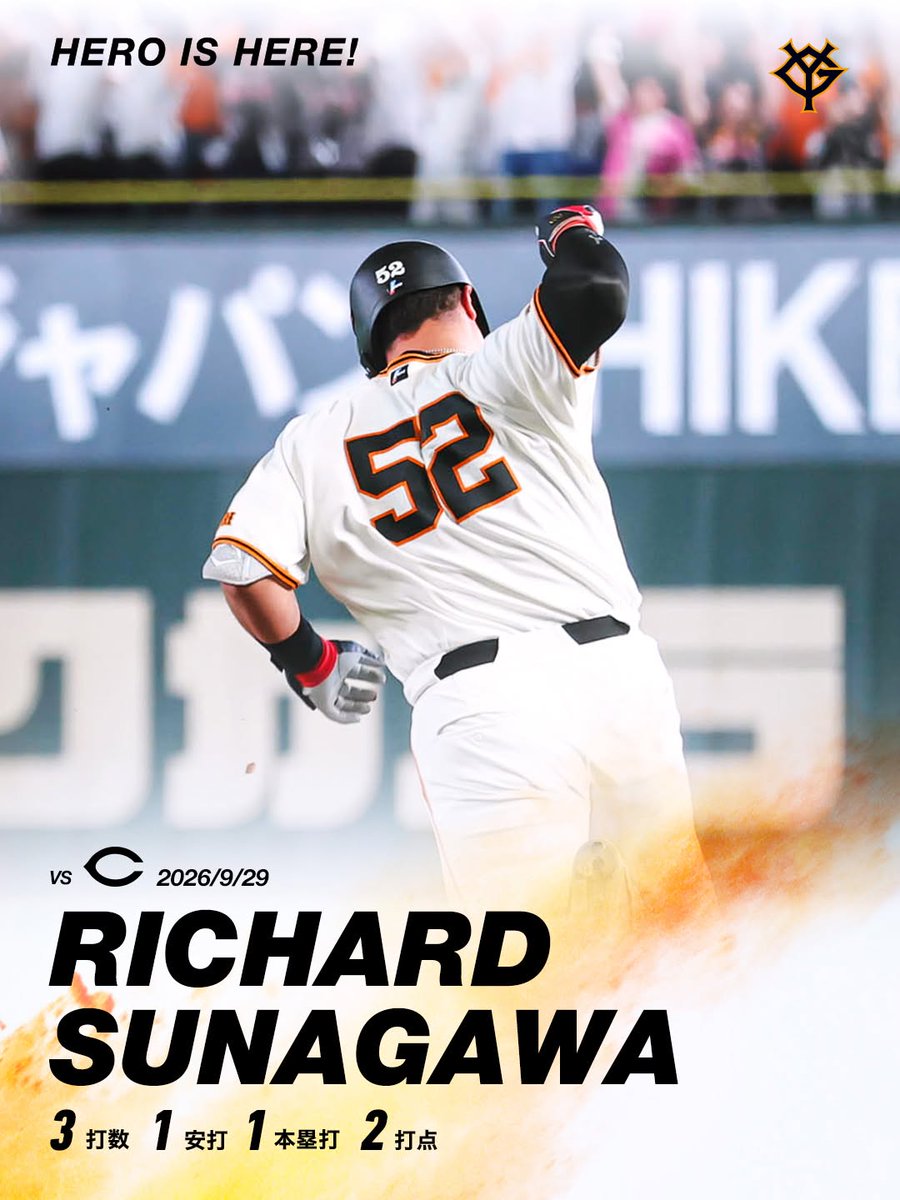 TokyoGiants's tweet photo. 【一軍】巨人 3-1 広島

本日のヒーロー✨

先制2点本塁打を放った #リチャード 選手👏

HERO IS HERE! https://t.co/ctF459QXKO