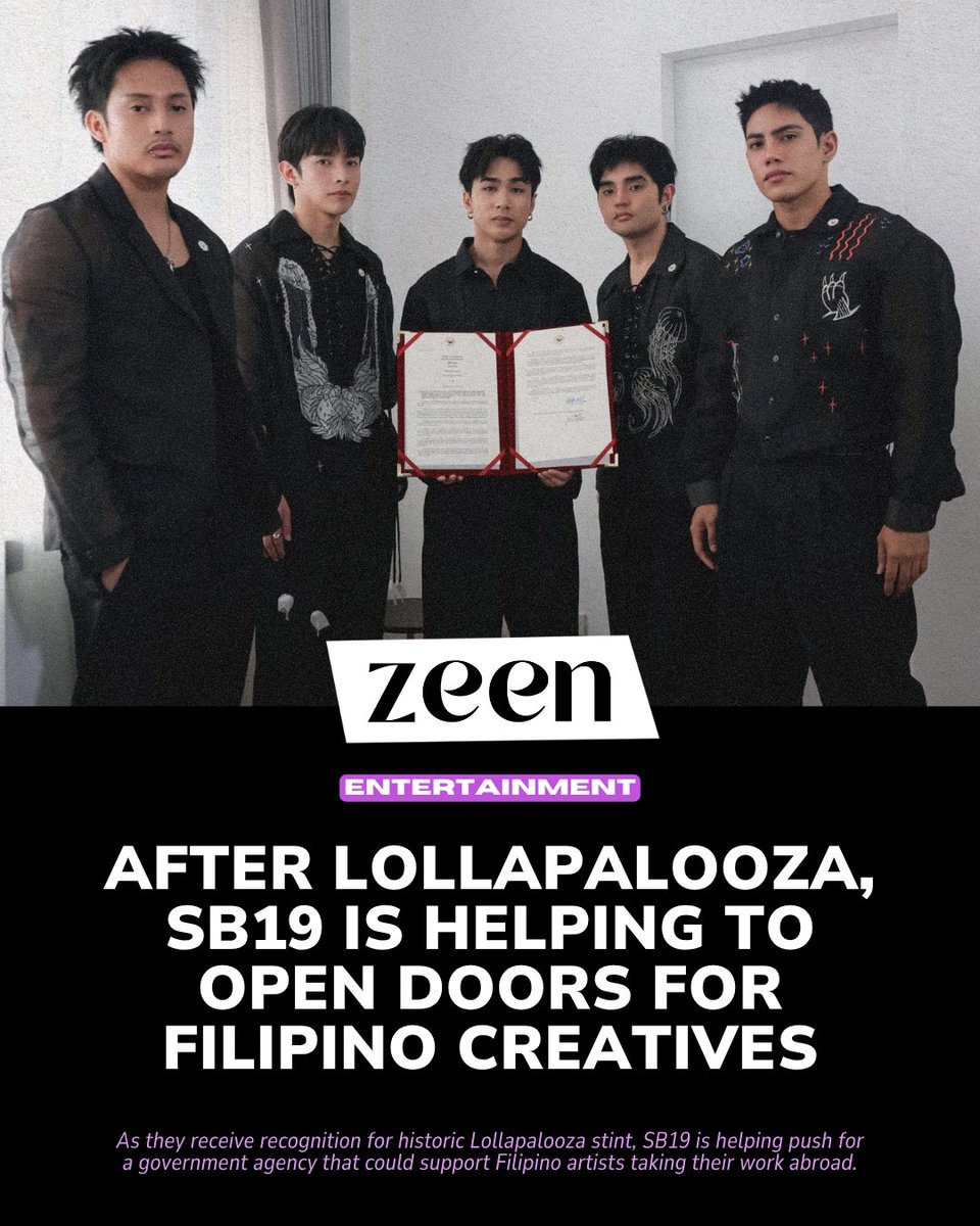 zeenmagazineph's tweet photo. SB19 is opening more doors for Filipino creatives. 🌎 After their historic Lollapalooza stint, the group is helping push conversations around stronger support for artists taking Filipino talent to the world.

Read: https://t.co/cTRqEMxHAb https://t.co/X3dzFjeDoJ