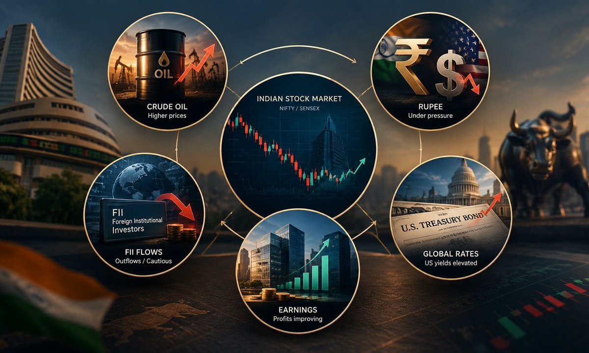 vkt8585's tweet photo. Indian markets don't need a prediction.

They need a checklist.

5 things will tell us more about sustainable recovery than any market target:

Oil. Rupee. FII flows. Earnings. Global rates.

#market #nse #bse #stocks #india https://t.co/u96sLU2HvU