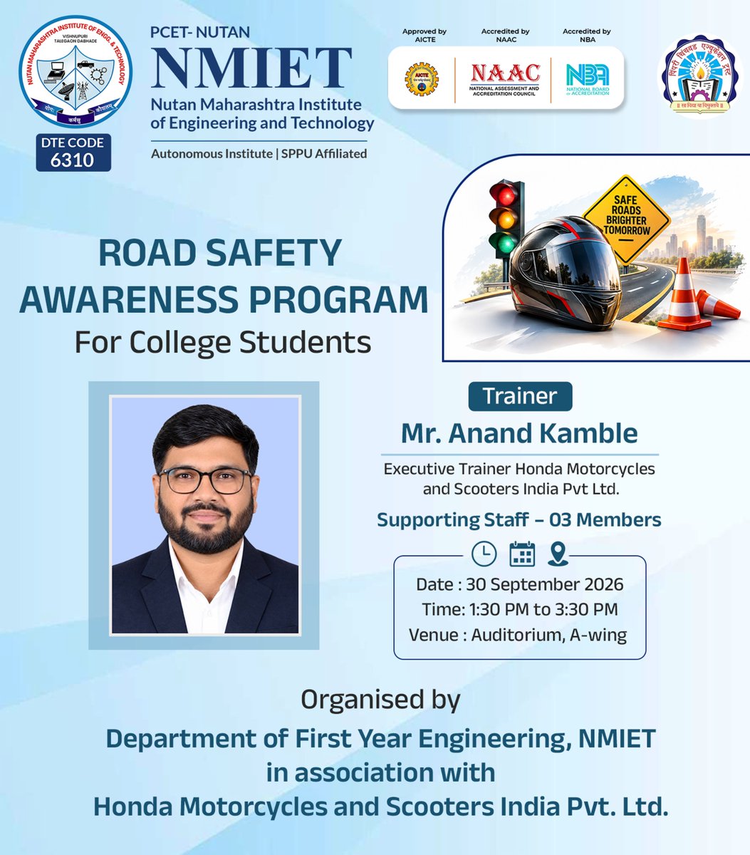 NMIETPUNE's tweet photo. 🛣️ Road Safety Awareness at NMIET! 🚦

Join us for a session on safe riding, traffic rules &amp; responsible road behaviour.

📅 30 Sept | 🕜 1:30–3:30 PM
📍 Auditorium, A-Wing
In association with Honda Motorcycles &amp; Scooters India.
#NMIET #RoadSafety #SafeRoads #PCET https://t.co/ggIEOc20jN