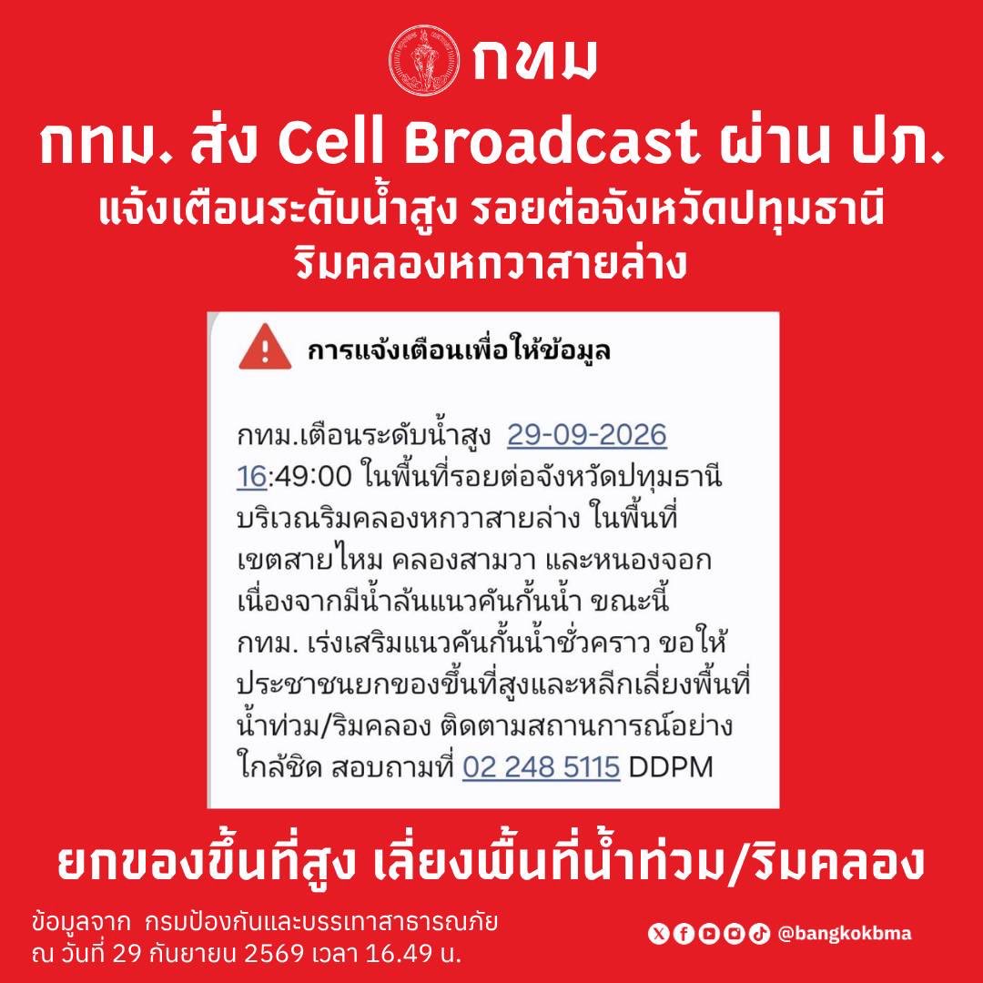 bangkokbma's tweet photo. 29 ก.ย. 69 เวลา16:49 น. 
กทม. เตือนระดับน้ำสูง ในพื้นที่รอยต่อจังหวัดปทุมธานี บริเวณริมคลองหกวาสายล่าง ในพื้นที่เขตสายไหม คลองสามวา และหนองจอก กหม. เร่งเสริมแนวคันกั้นน้ำชั่วคราว 

📌 ดูข้อมูลเพิ่มเติม 👉 https://t.co/JVzVdpBjrn

#กทม #น้ำท่วม #อุทกภัย #ช่วยเหลือผู้ประสบภัย https://t.co/eSDo7wQ6ls