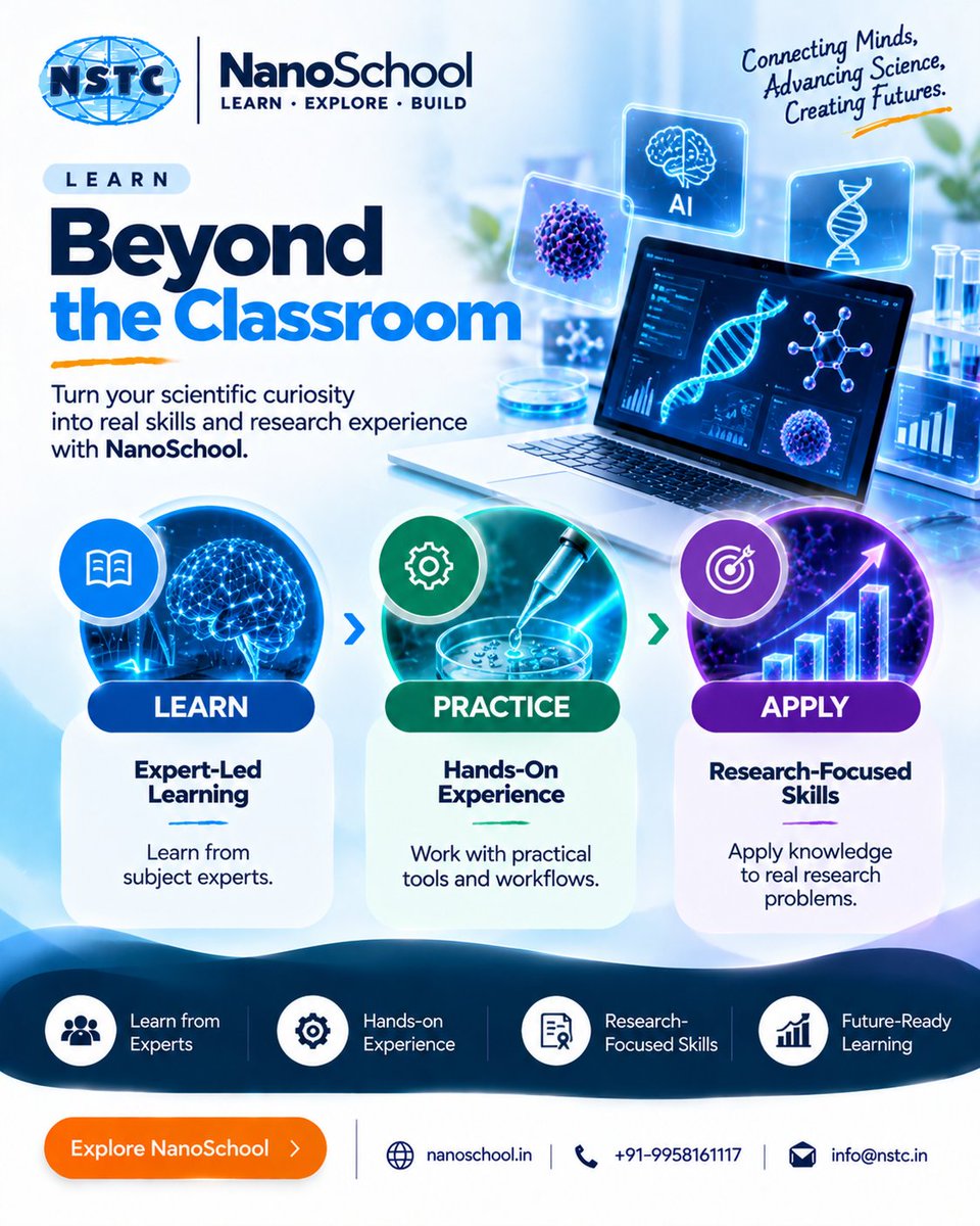 NSTC_2005's tweet photo. Beyond the Classroom

Move from knowledge to experience with NanoSchool.📘 Learn from experts
🧪 Practice with practical tools
🚀 Apply skills to real research challenges

Explore future-ready learning in AI, Biotechnology &amp; Nanotechnology.

🌐 https://t.co/W8IqaCBJQo https://t.co/Ch3QXa7GaA