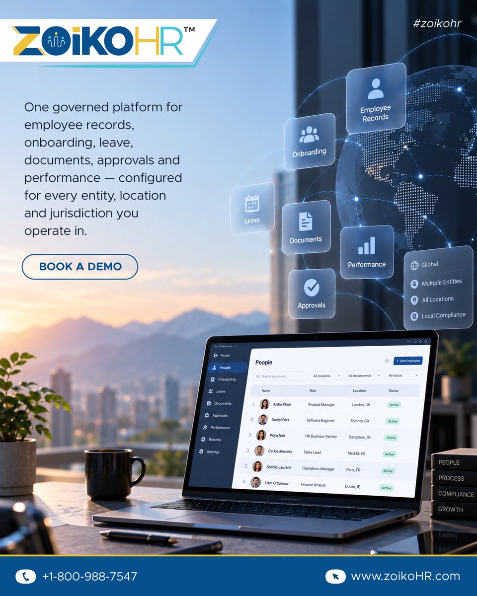 ZoikoHR's tweet photo. 👥💼 ZOIKOHR—ONE GOVERNED PLATFORM FOR YOUR WORKFORCE!

Manage employee records, onboarding, leave, documents, approvals, performance, &amp; compliance across entities, locations, &amp; jurisdictions—all in one connected platform.

🌐 https://t.co/P77WybxvSG
📞 +1-800-988-7547
#ZoikoHR https://t.co/VjRHVULFSq