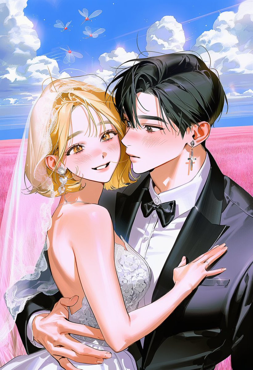 chooo_ya's tweet photo. 📝프롬공유 - Pink_Muhly_Wedding

A 턱시도 B 웨딩 드레스 남남 커플도 가능해요
탐넘,수정 모두 자유롭게 사용하셔도 돼요!
V5/V4.5/ 픽스

손 찐빠있음

masterpiece, best quality, 8k resolution, cinematic lighting, vibrant colors,

a romantic scene outdoors on a sunny day with a clear blue sky, fluffy white clouds floating, and dragonflies fluttering in the air, a vast field of pink muhly grass spreading across the background,

character A wearing a black tuxedo, a white dress shirt with a bow tie, and wedding rings,
character B wearing a bell-shaped white wedding dress and a lace veil,

character A tenderly holding character B by the waist and gently kissing his/her cheek,
character B's hands naturally resting on A's shoulders pulling him slightly closer, their faces very close together,
B looking at A with a bright radiant smile glowing with happiness, --ar 16:9 --v 6.0

모델 
@Suwol_99 X @2h3ih  
은태이 X 자야 
쵸야X @mingdda_123 
@audol_ X @soda_qq022