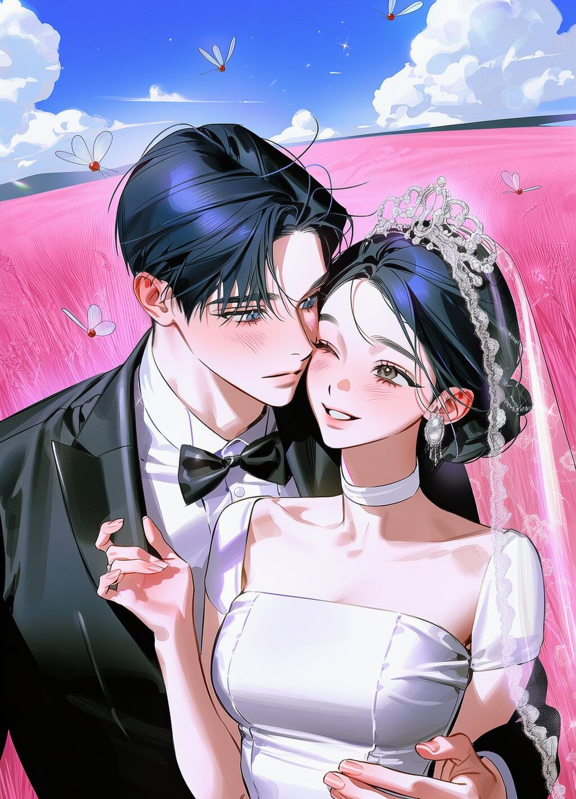 chooo_ya's tweet photo. 📝프롬공유 - Pink_Muhly_Wedding

A 턱시도 B 웨딩 드레스 남남 커플도 가능해요
탐넘,수정 모두 자유롭게 사용하셔도 돼요!
V5/V4.5/ 픽스

손 찐빠있음

masterpiece, best quality, 8k resolution, cinematic lighting, vibrant colors,

a romantic scene outdoors on a sunny day with a clear blue sky, fluffy white clouds floating, and dragonflies fluttering in the air, a vast field of pink muhly grass spreading across the background,

character A wearing a black tuxedo, a white dress shirt with a bow tie, and wedding rings,
character B wearing a bell-shaped white wedding dress and a lace veil,

character A tenderly holding character B by the waist and gently kissing his/her cheek,
character B's hands naturally resting on A's shoulders pulling him slightly closer, their faces very close together,
B looking at A with a bright radiant smile glowing with happiness, --ar 16:9 --v 6.0

모델 
@Suwol_99 X @2h3ih  
은태이 X 자야 
쵸야X @mingdda_123 
@audol_ X @soda_qq022