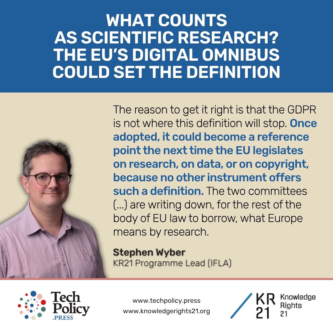 KR21org's tweet photo. WHAT COUNTS AS SCIENTIFIC RESEARCH? THE EU'S #DIGITALOMNIBUS COULD SET THE DEFINITION
The EU spends a billion euros attracting scientists, as MEPs debate whether building &amp; testing #AI = research
🔗 KR21's @dswyber (@IFLA) in @TechPolicyPress: https://t.co/SSNuwXuKw6
#Science4EU https://t.co/oZMVe0ZtMP