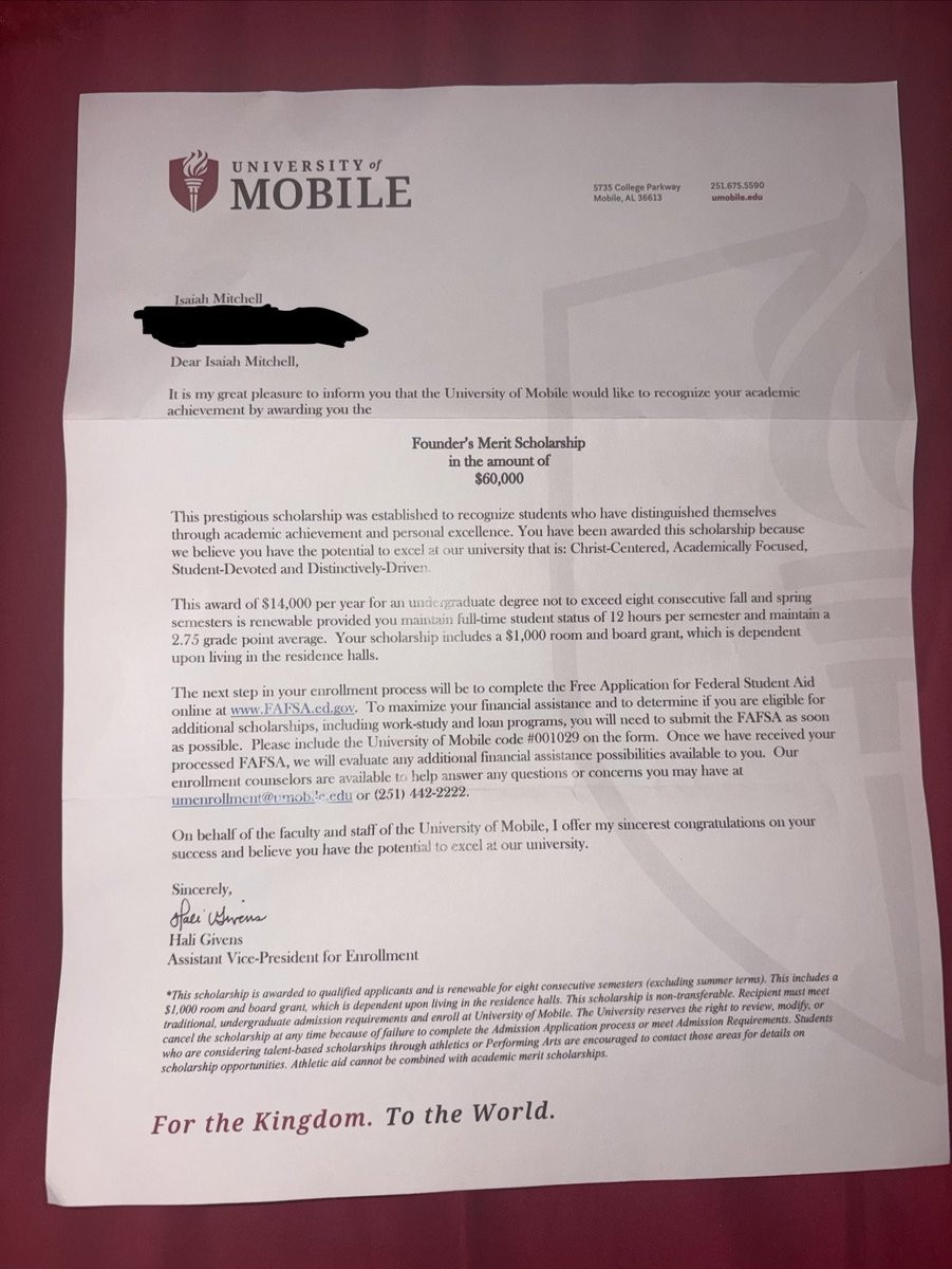 IsaiahMM6's tweet photo. Blessed to receive a $60,000 academic scholarship from The university of mobile! 🙏🏾
Grateful for the opportunity and excited to keep working on and off the field. https://t.co/Vkilr1CRP0