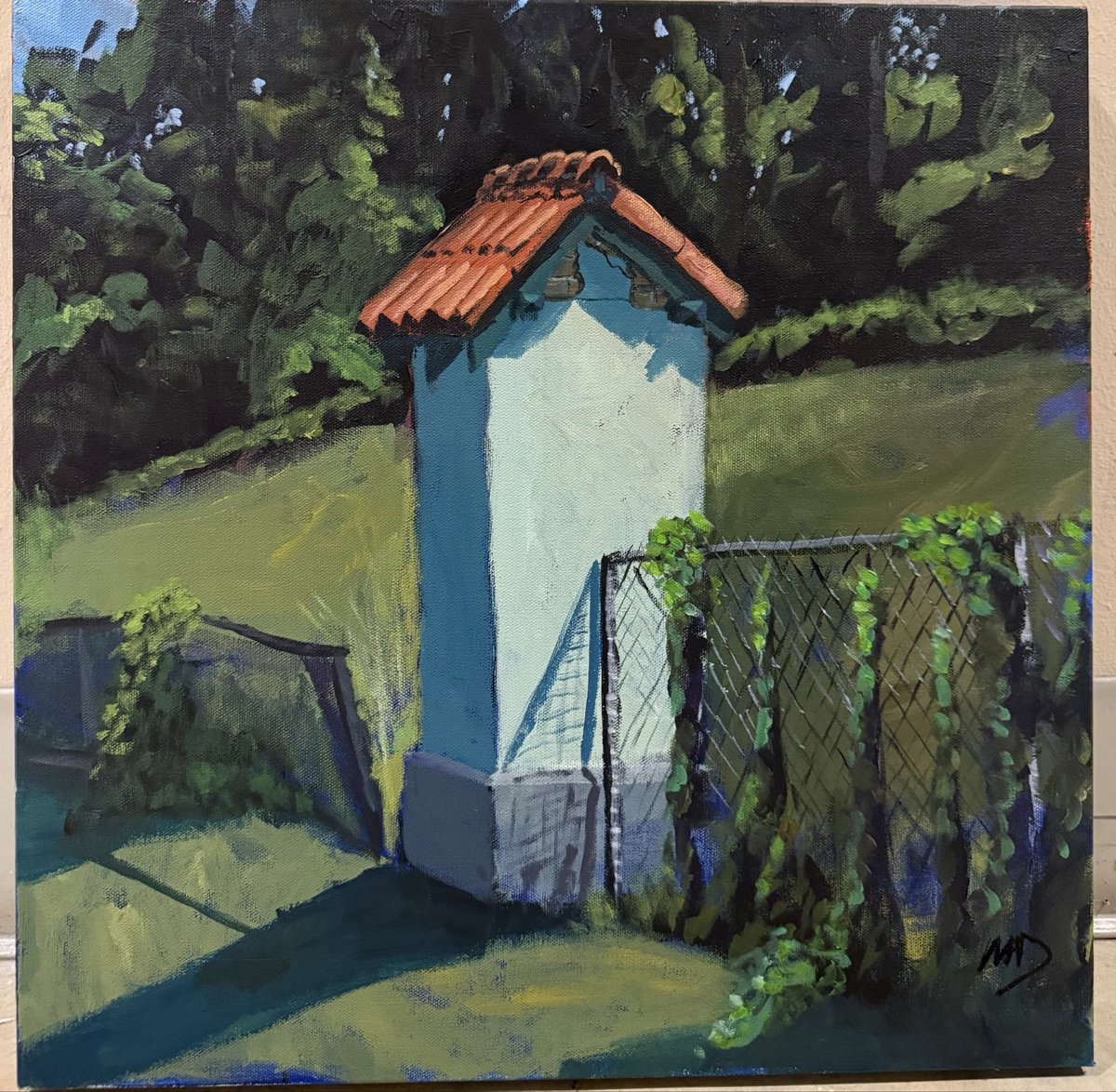 SaintRPh's tweet photo. I’m pretty much finished preparing for my show so I thought I would do this one. “Cemetery Sentinel” 20” x 20” acrylic on canvas. I pass by these pillars at Greenwood all the time lot. And they just look so cool. So here ya go. #pineville #louisiana #cemetary #acrylic https://t.co/jcrDMcZiI4