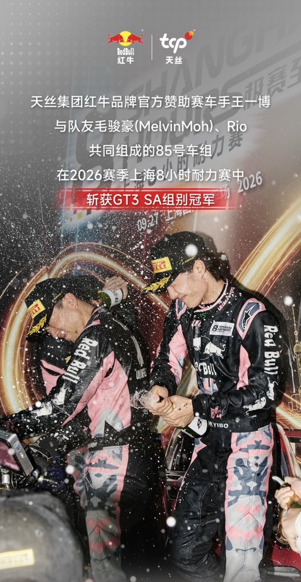 852058BI's tweet photo. RedBull

ย้อนรำลึกการแข่งขัน Endurance Race | ศึกดวลเดือด 8 ชั่วโมง รถหมายเลข 85 คว้าเกียรติยศแห่งชัยชนะ! 

บนสนามแข่ง ความรักและความมุ่งมั่นย่อมได้รับผลตอบแทนในที่สุด มี Red Bull คอยสนับสนุนคุณ เพียงมุ่งหน้าเต็มสปีด ทุ่มสุดกำลัง และเดินหน้าฝ่าฟันต่อไปอย่างเต็มที่!

แปลข้อความในภาพที่ 1
นักแข่งรถที่ได้รับการสนับสนุนอย่างเป็นทางการจากแบรนด์ Red Bull ภายใต้ TCP Group อย่างหวังอี้ป๋อ ร่วมกับเพื่อนร่วมทีม เหมา จวิ้นหาว (Melvin Moh) และ Rio รวมกันเป็นทีมรถหมายเลข 85 ในการแข่งขัน Shanghai 8 Hours Endurance Race ฤดูกาล 2026 สามารถคว้า แชมป์รุ่น GT3 SA 

แปลข้อความในภาพที่ 2
การต่อสู้ที่ยาวนานตลอด 8 ชั่วโมง คือบททดสอบของความอดทน คือการประสานงานอย่างรู้ใจกัน คือการร่วมมือกับเพื่อนร่วมทีมเพื่อฝ่าฟันบททดสอบครั้งแล้วครั้งเล่า Red Bull สนับสนุนคุณให้มุ่งไปข้างหน้าอย่างเต็มสปีด เผชิญหน้ากับสถานการณ์ฉุกเฉินอย่างใจเย็น รักษาจังหวะการแข่งขันให้มั่นคง มุ่งไปข้างหน้าเพื่อสิ่งที่รัก

แปลข้อความในภาพที่ 3
ในสนามแข่งช่วงเวลาแห่งความเข้มข้น ควบคุมรถอย่างสุขุม ขัดเกลาและพัฒนาความเร็วต่อรอบ ประสานงานกันอย่างรู้ใจ รับมือและยืนหยัดท่ามกลางแรงกดดัน ใช้ความรักและความหลงใหลเป็นพลัง ก้าวข้ามขีดจำกัดของตัวเองอย่างต่อเนื่อง
 หวังอี้ป๋อ นักแข่งรถที่ได้รับการสนับสนุนอย่างเป็นทางการจากแบรนด์ Red Bull ภายใต้ TCP Group 

#WangYiboxRedBull
#WangYibo #หวังอี้ป๋อ