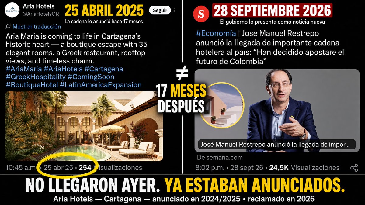 tavo2366's tweet photo. Aria Hotels anunció Aria Maria en Cartagena el 25 de abril de 2025.
Ayer Restrepo lo presentó como si la cadena "hubiera decidido apostarle a Colombia" gracias a su gobierno.

Son unos farsantes. https://t.co/3ZTkDyZ0yv