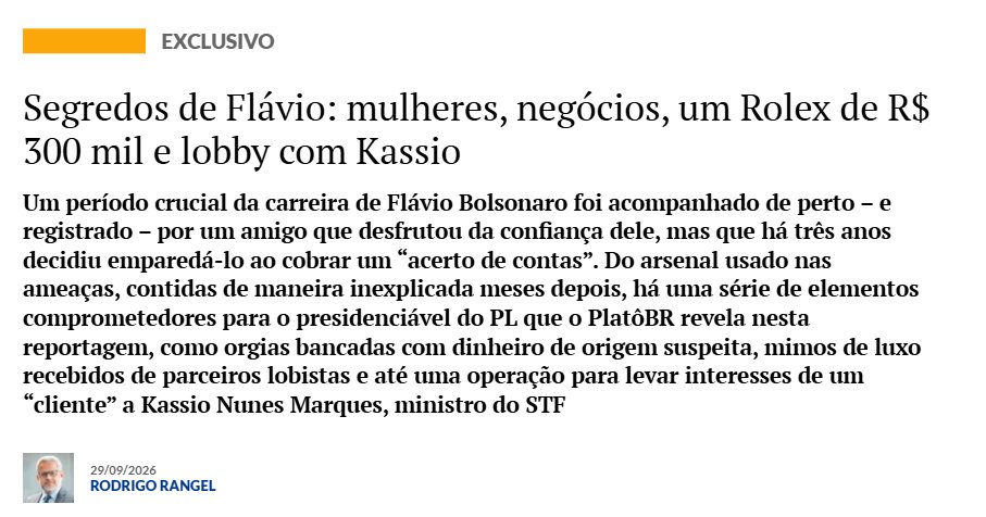 delucca's tweet photo. 🚨 BOMBA: reportagem do PlatôBR revela mensagens e documentos do ex-sócio de Flávio Bolsonaro sobre um Rolex de R$ 300 mil, festas privadas com prostitutas, dinheiro e uma suposta articulação com Kassio Nunes Marques.

É matérial pra mudar a campanha!

https://t.co/Zu7WWS49En https://t.co/ibvRCfNsxg